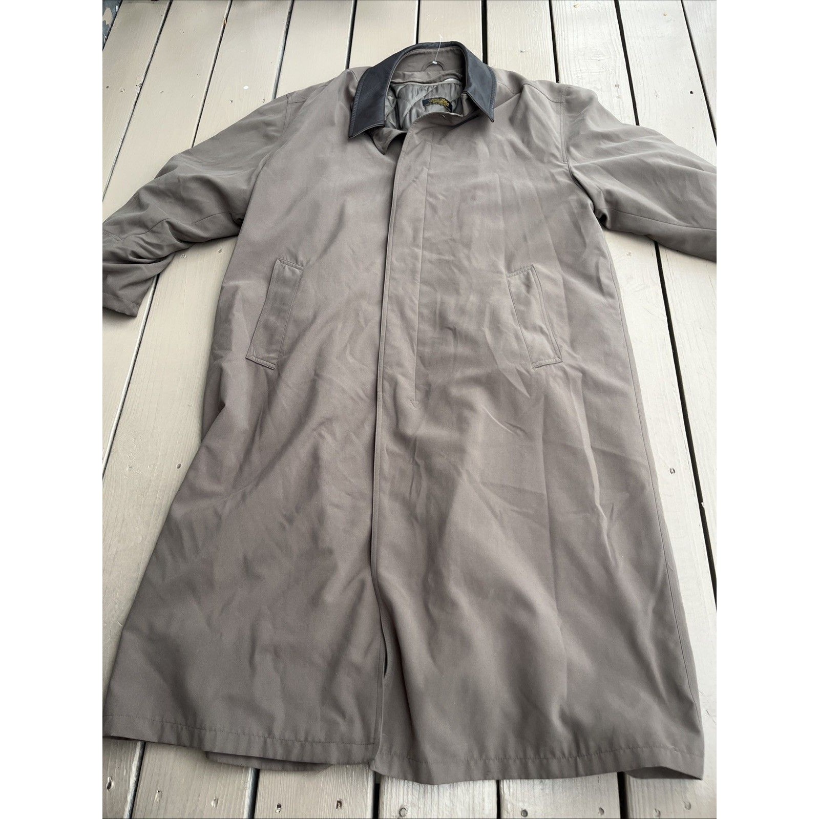 Brooks Brothers Men's Wool Blend Long Trench Coat Leather Collar Olive Size 44 R
